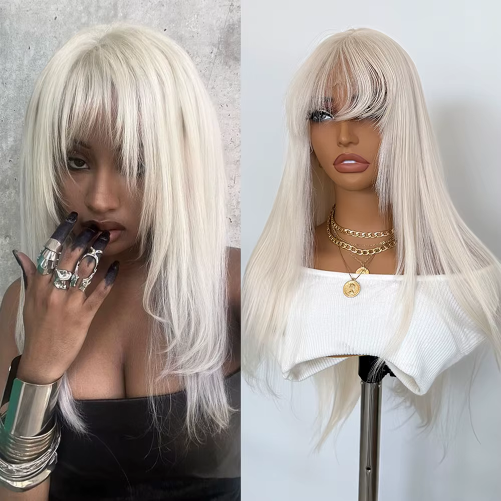 Perruque Lace Front Wig synthétique Blonde platine, coupe superposée avec frange, longue et soyeuse,