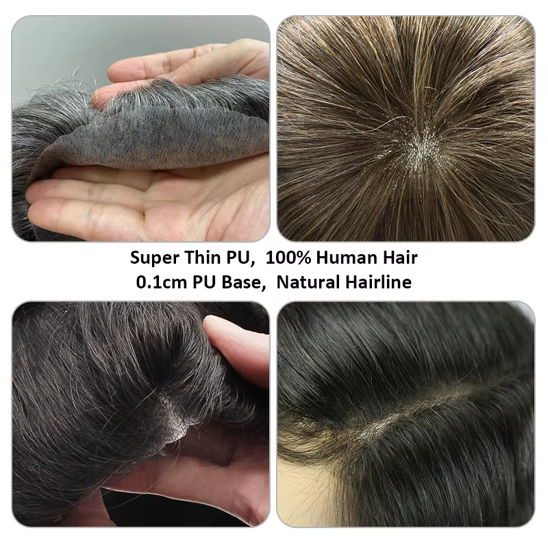 Vloop-Perruques de cheveux humains indiens en PU pour hommes, toupet, prothèse capillaire, cheveux n
