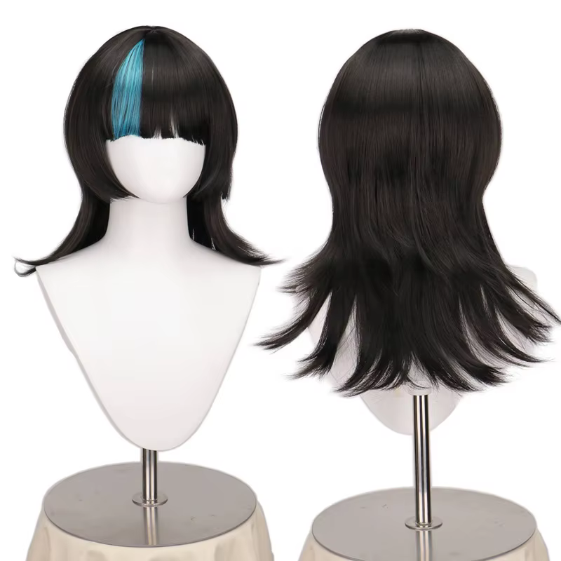 Perruque Anime Kirara Hoshi, cheveux bouclés bleus et noirs de longueur moyenne avec frange, accesso