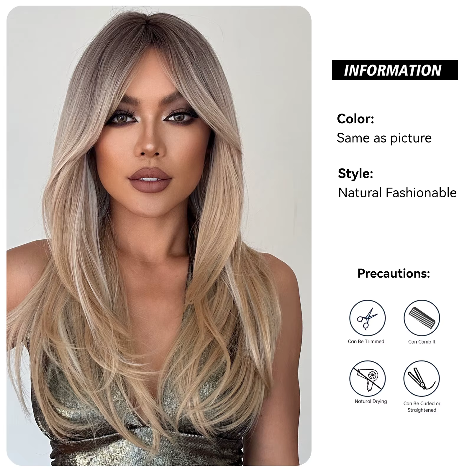 Perruque synthétique longue et lisse à reflets platine blond avec frange, cheveux naturels résistant