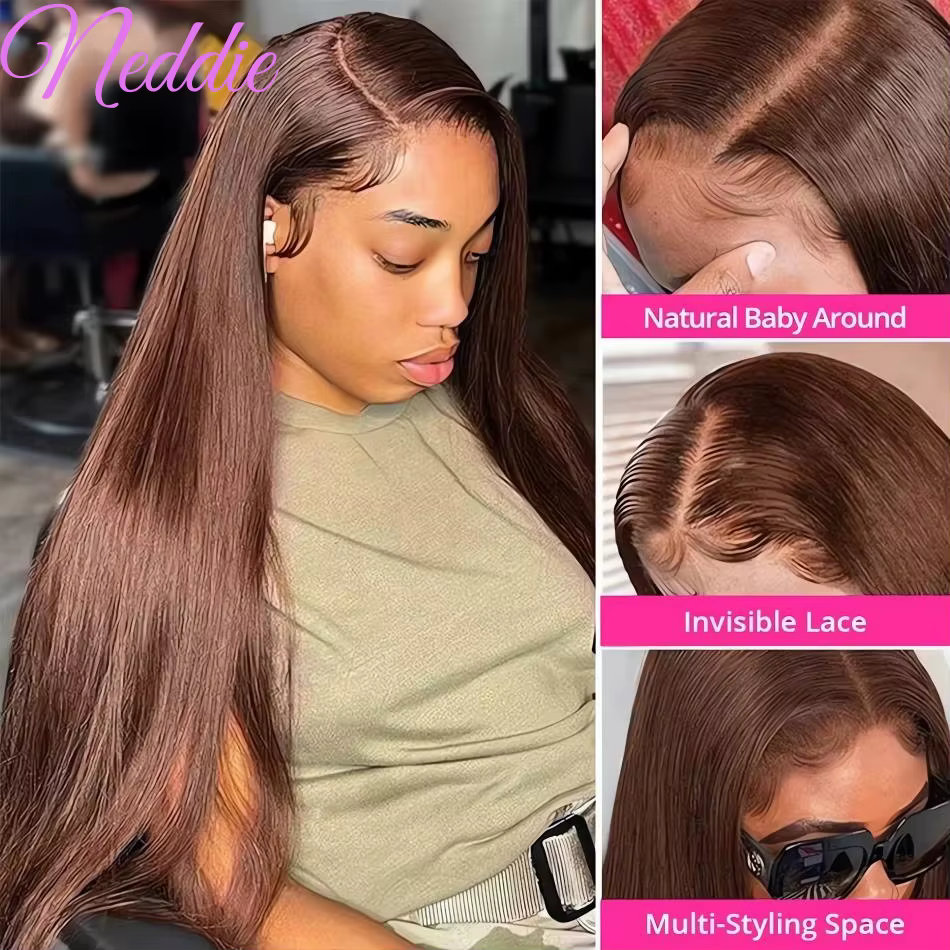 Perruques Lace Front 13X6 Marron Chocolat, Cheveux Humains Lisses Comme des Baguettes 13X4, Perruque