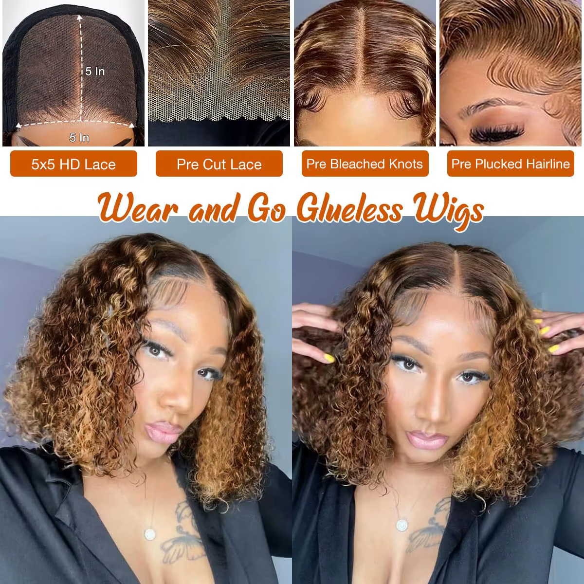 P4/27 mettre en évidence bouclés court Bob perruques cheveux humains 5x5 fermeture perruques brésili