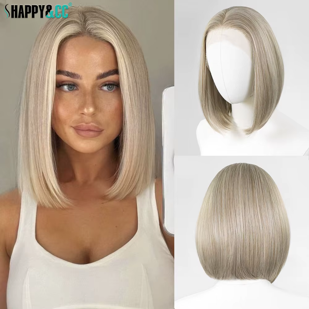 Perruque courte bob blonde avec mèches pour femme, perruque synthétique à dentelle frontale 13x4, 12