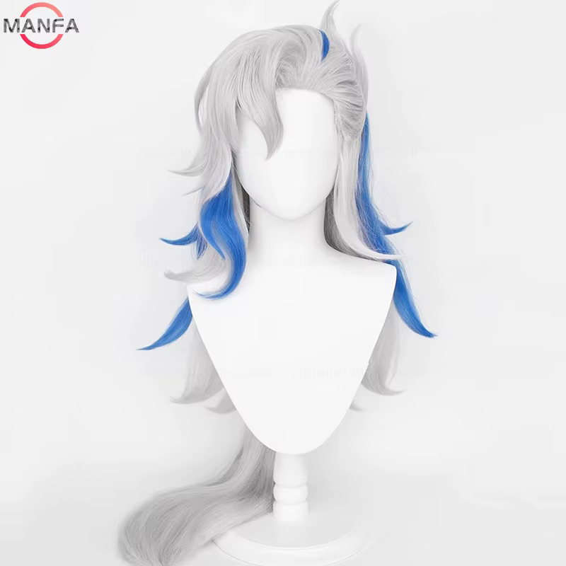 Fontaine Neuvillette perruque Cosplay Anime perruque 95 cm de Long argent gris bleu perruque résista