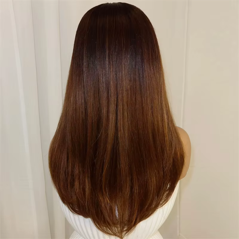Perruque de fête synthétique Ombré Marron Miel, Lace Front HD, Lisse et Douce, Sans Colle, Ligne de