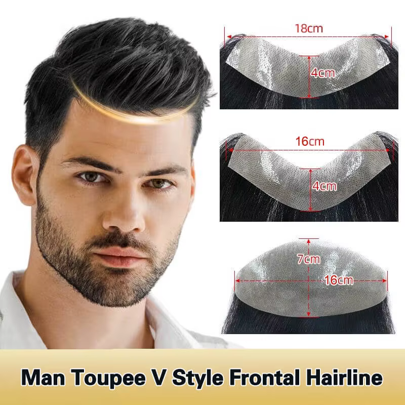Perruque toupet de cheveux humains naturels, naissance des cheveux naturelle, Style V, avec peau, Ba