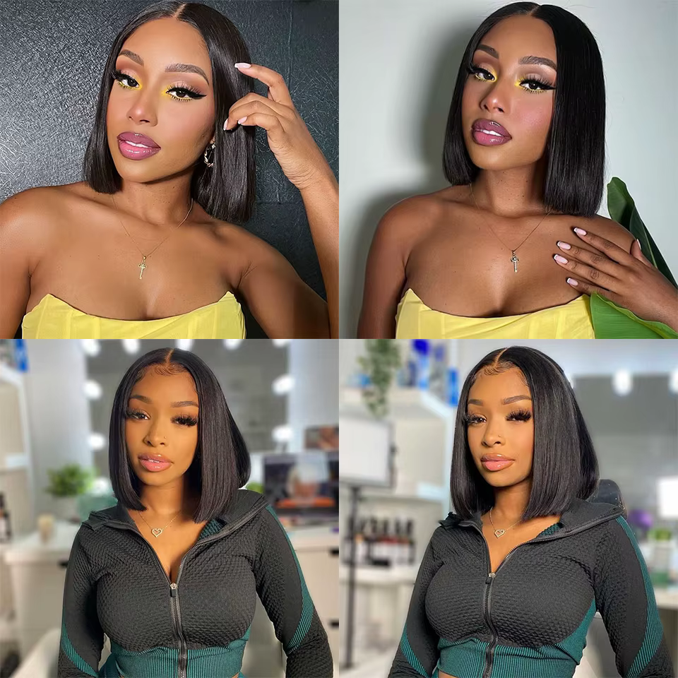 Perruque Bob Lace Wig Remy Brésilienne Naturelle, Cheveux Lisses, Partie T, Sophia, Courte, 4 Pièces