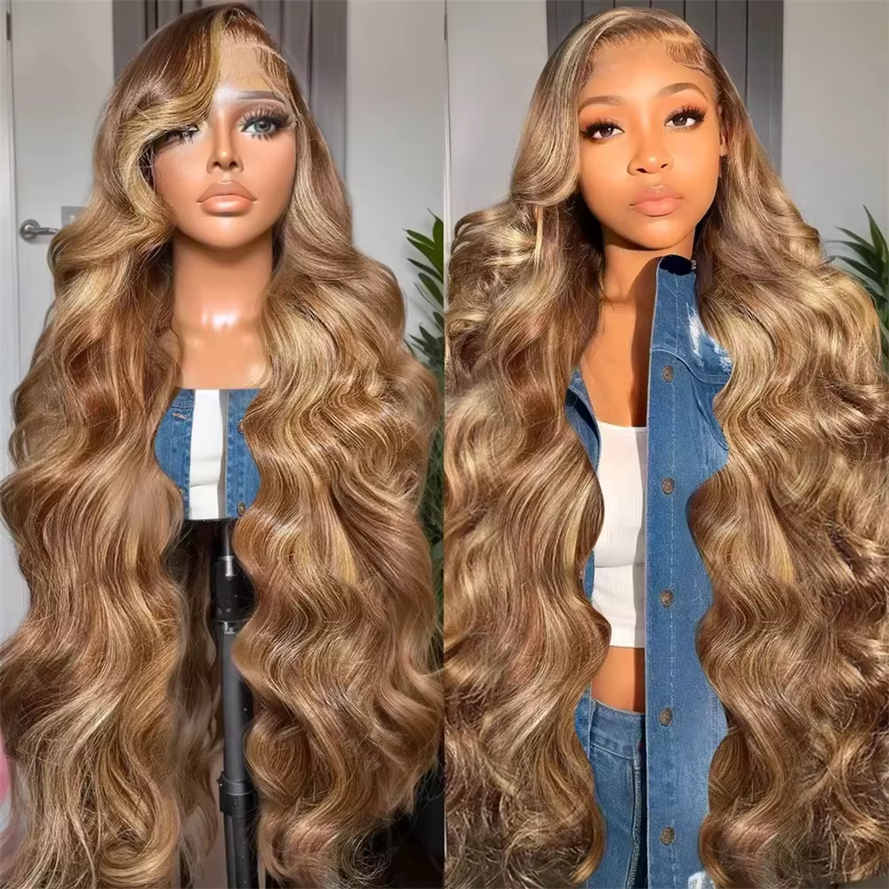 Perruques Body Wave P4/27 à 220 % de densité, avec mèches colorées, en dentelle transparente HD 13x4