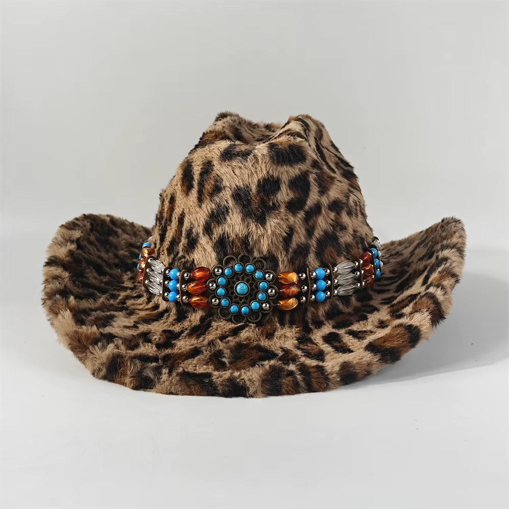 Chapeau de cowboy en fourrure de lapin imprimé léopard 7,5 cm Fedora de cowboy occidental pour homme