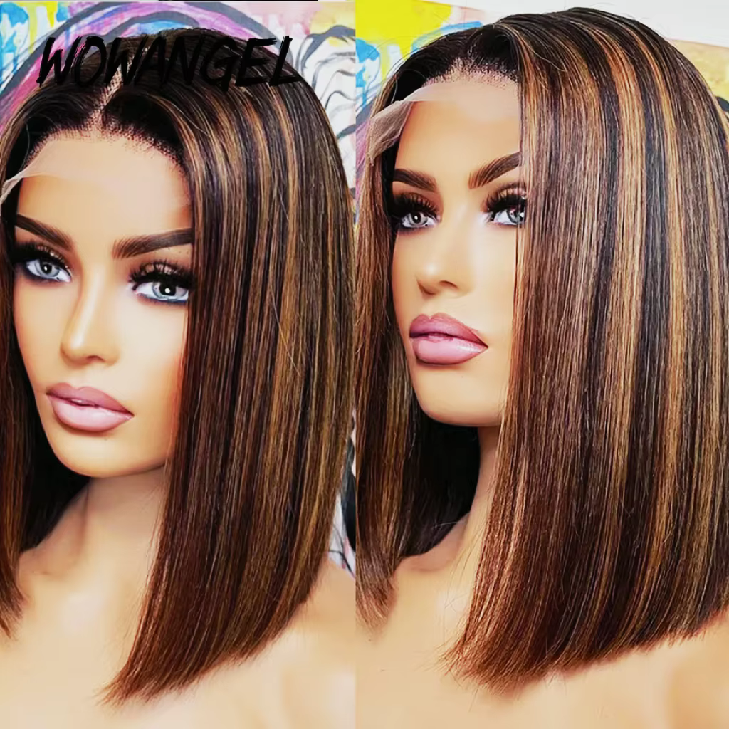Wow Angel perruques Bob droites courtes 13x4 Lace Front perruques de cheveux humains 1B30 # Highligh