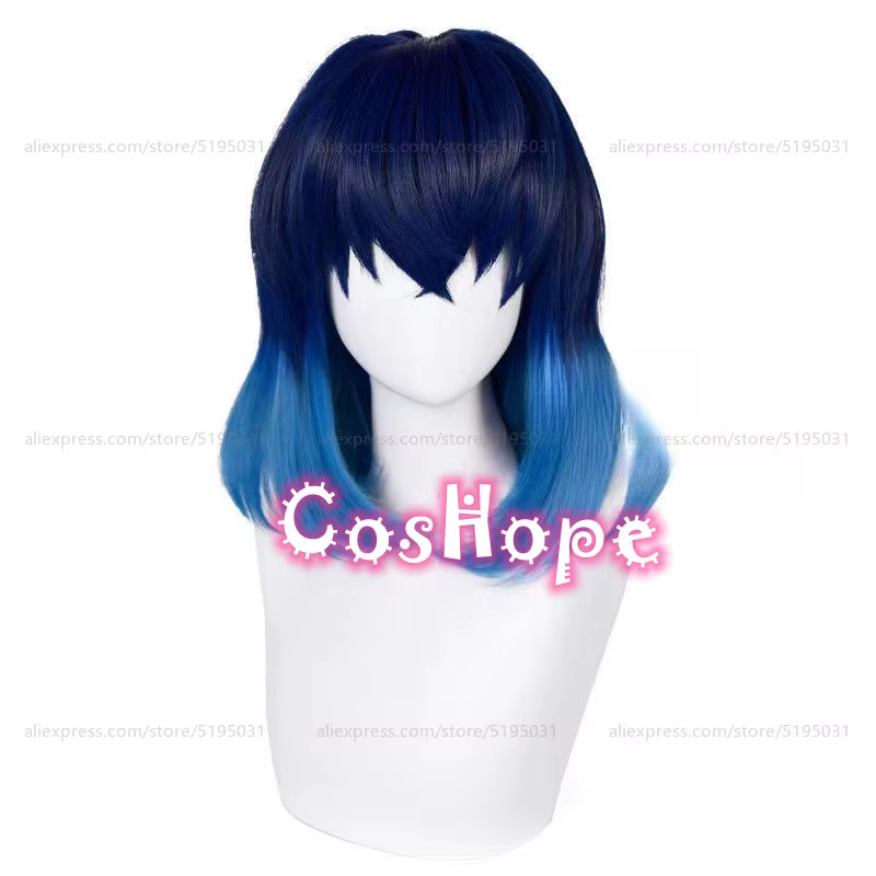 Hashibira Inosuke Cosplay Perruque, Bleu Dégradé, Anime Perruques, Chaleur Degré Perruques Synthétiq