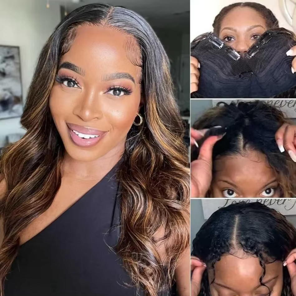 Perruque mi-tête en cheveux humains, densité 250, couleur P1B30, style Body Wave, avec clip en V amé