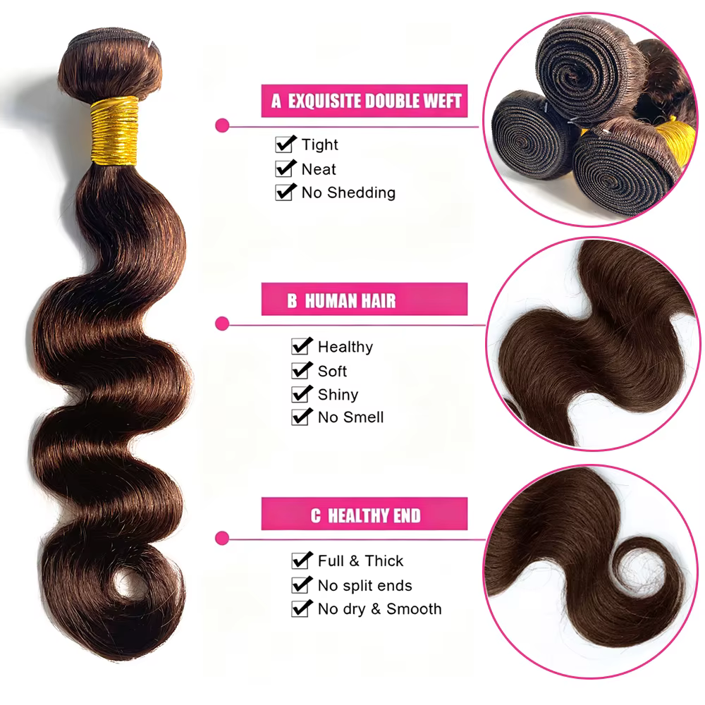 # 4 Bundles de Cheveux Humains Ondulés Brun Foncé 1/3 Pièces, Extensions de Cheveux Remy Brésiliens