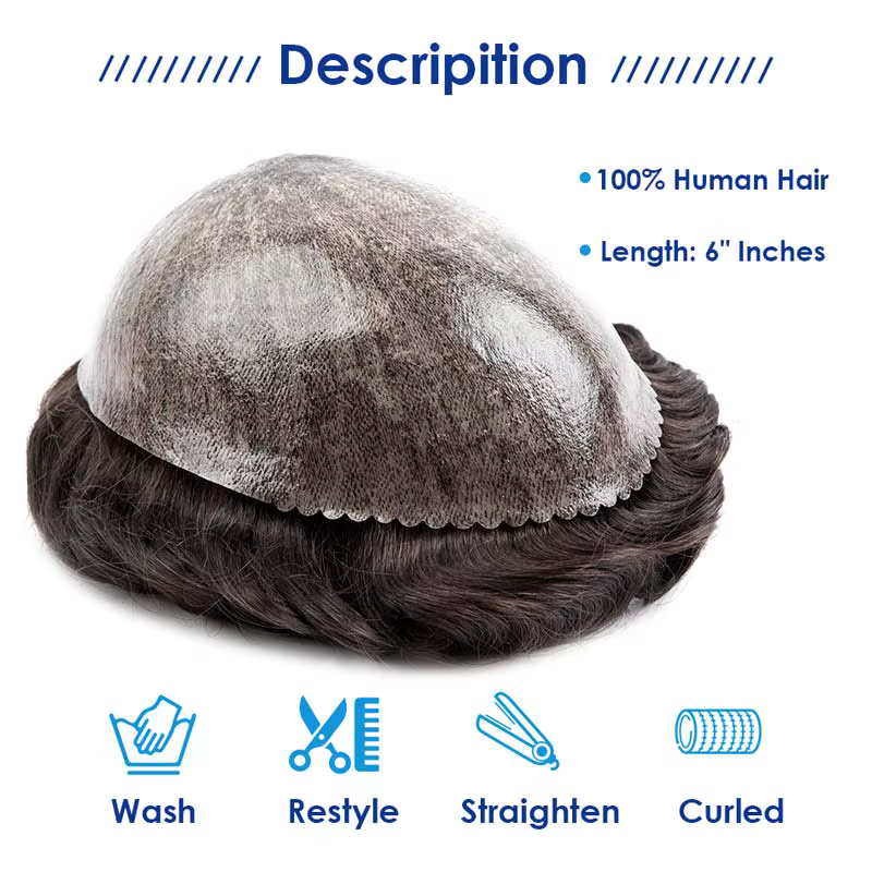 Perruque homme cheveux humains injecté toupet cheveux hommes noeud gratuit Microskin mâle cheveux pr
