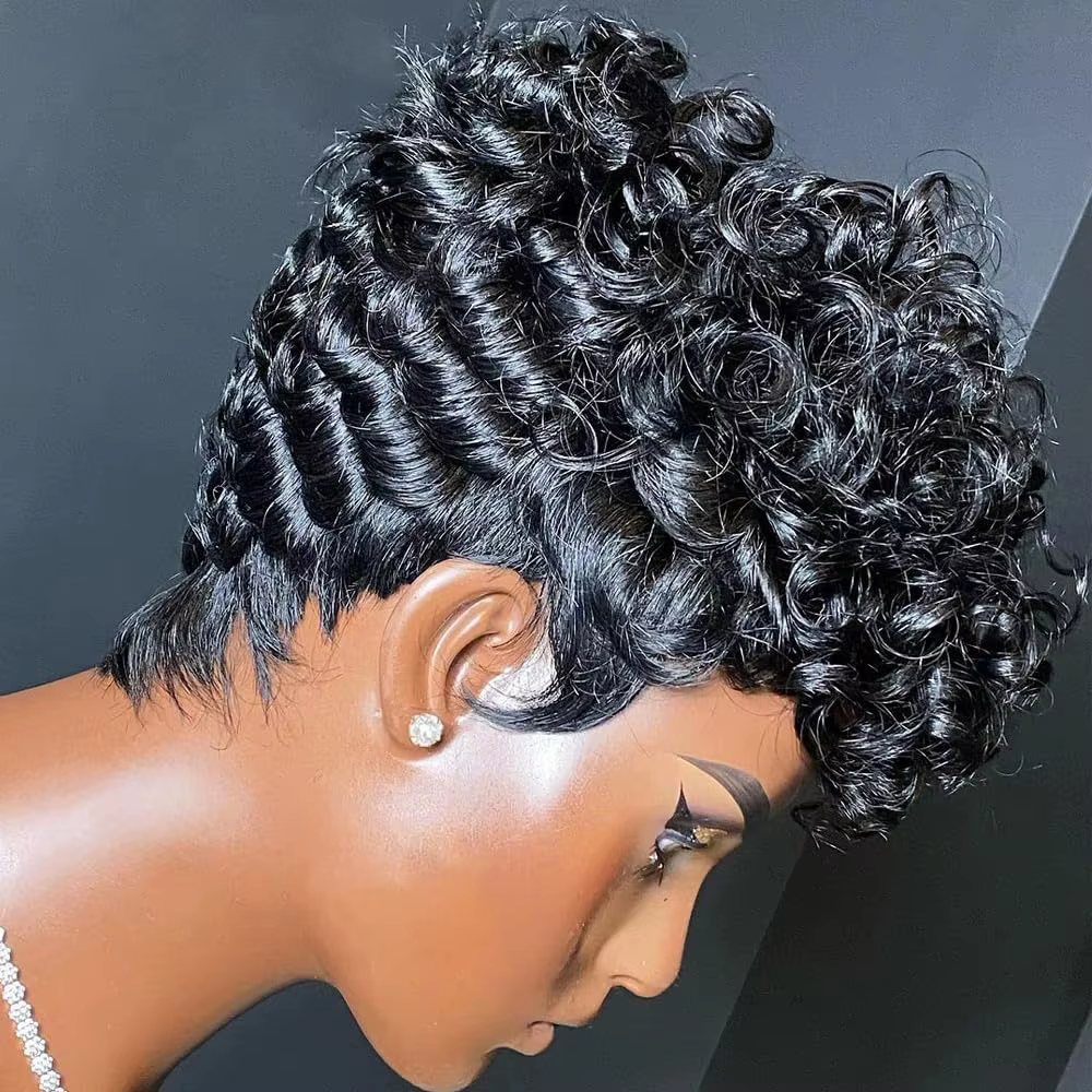 Hort Pixie perruques pour les femmes noires courtes noires bouclés Pixie perruques cheveux synthétiq