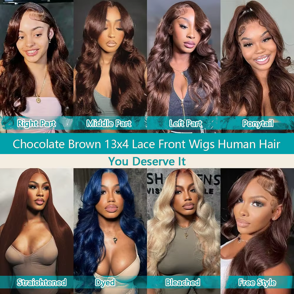 Perruque Lace Frontal Wig péruvienne Body Wave brun chocolat, cheveux naturels, 13x4, 13x6, HD, nais