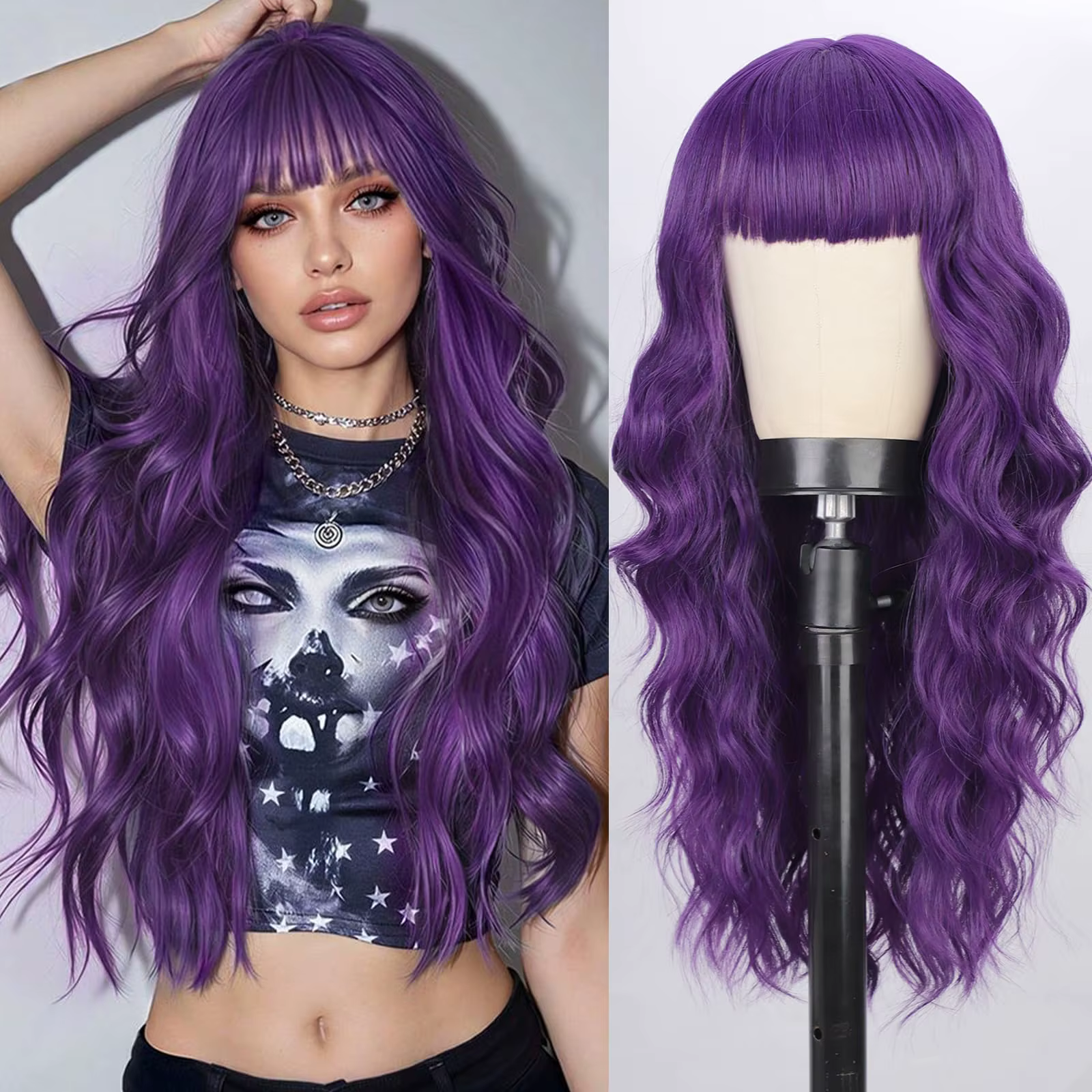 Perruque synthétique violette de 26 pouces avec de grandes vagues pour Halloween, cosplay, jeux de r