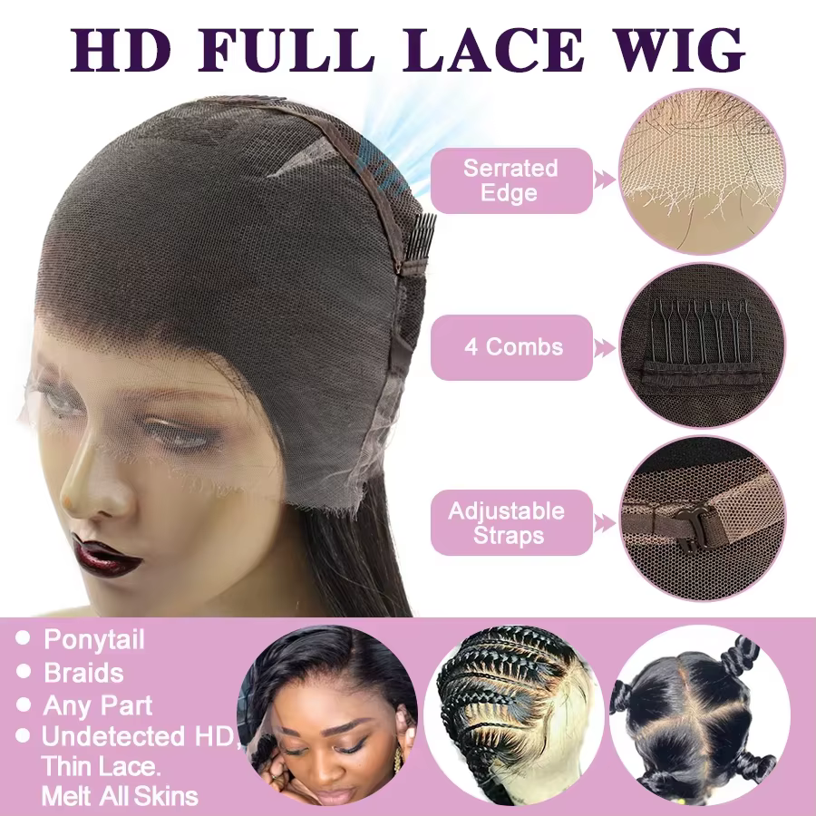 Perruque Full Lace Wig naturelle lisse, cheveux humains, densité 200, pre-plucked, HD 360, perruque