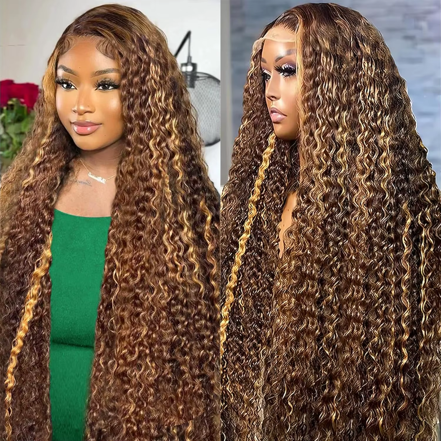 P4/27 mettre en évidence perruque cheveux humains 250% 300% 13X6 vague profonde bouclés miel blond d