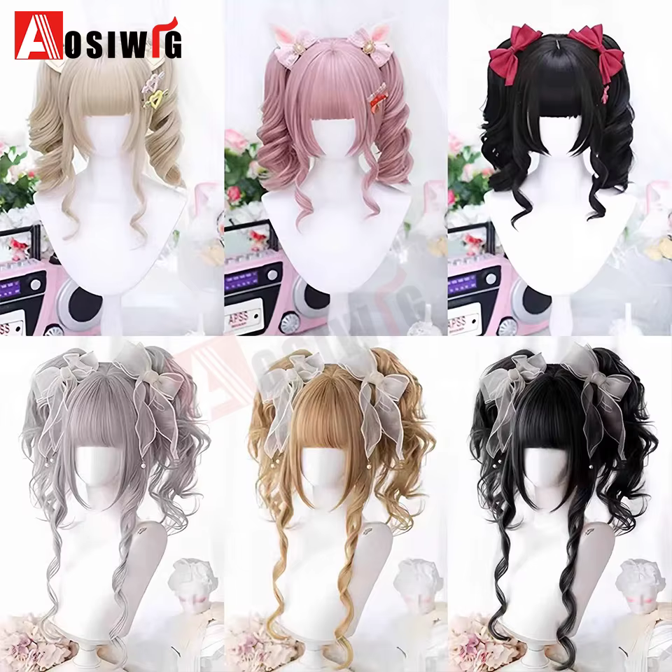 Perruque Lolita synthétique coupe princesse Double queue de cheval avec frange fille Ombre Blonde ma