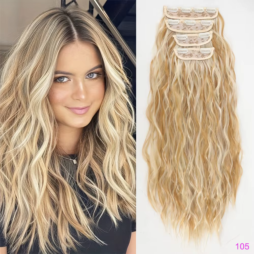 Lot de 4 extensions de cheveux à clipser, couleur brun-blond, 60,96 cm de long, avec des cheveux syn