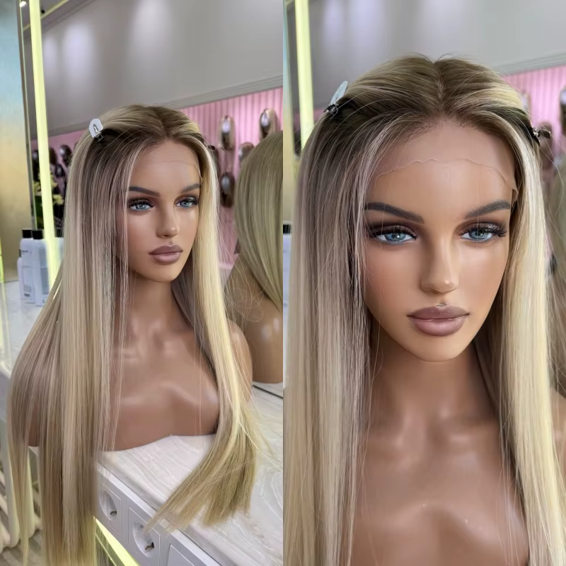 Perruque synthétique longue et droite, ombrée blond cendré avec mèches, pour fête, usage quotidien o