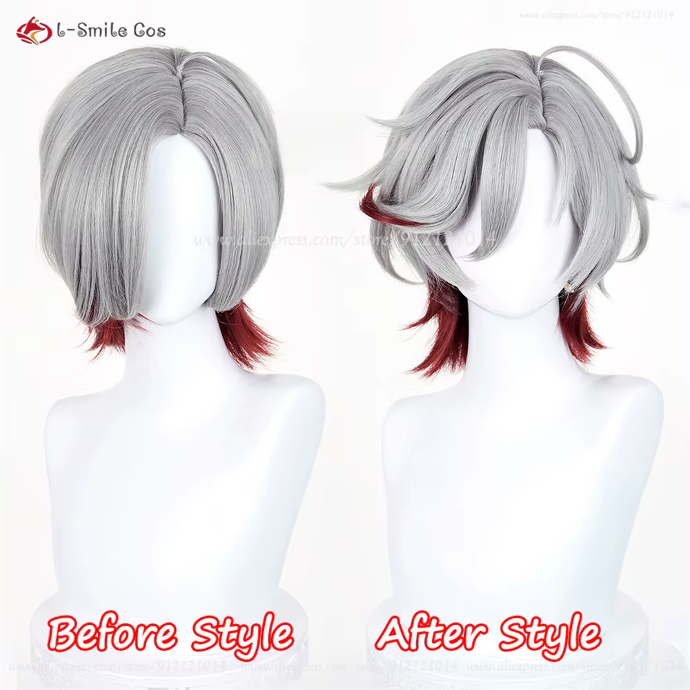 Illuga Cosplay perruque 35 cm argent gris rouge perruques mixtes pour hommes Cosplay Anime perruque 