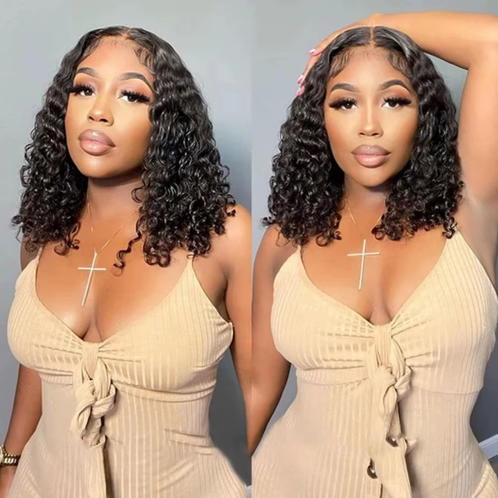 Perruque Bob Lace Front Wig Deep Wave Naturelle Bouclée, Cheveux Courts, 13x4 HD, 180% de Densité, p