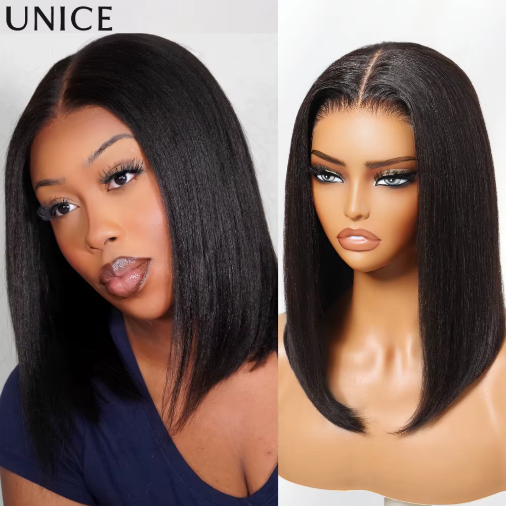 UNice Hair 7x5 & 13x4 dentelle Yaki droite cheveux humains Bob perruque avec cordon pré coupé pré bl
