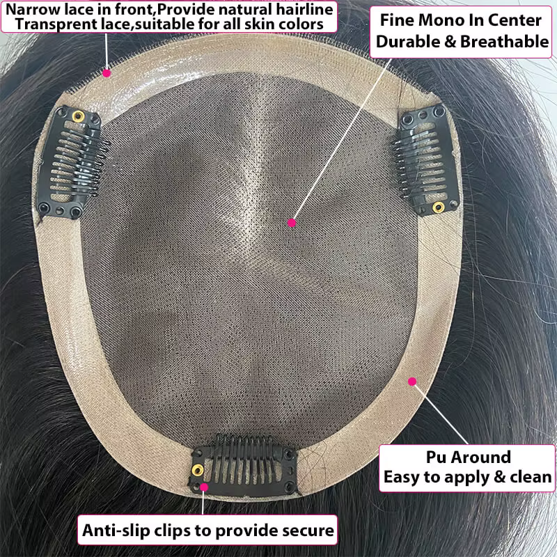 Fine Mono & Pu Base Topper avec 3 Clips pour Femme, Cheveux Humains Raides, Perruques Remy, Postiche