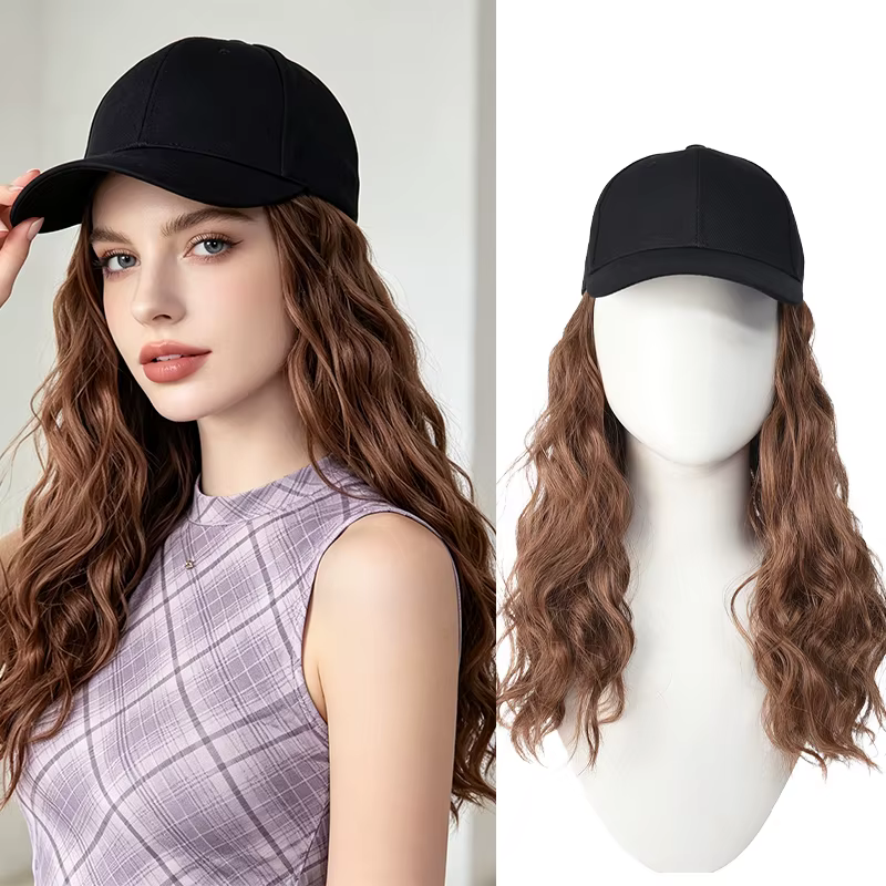 Casquette de baseball noire avec perruque en cheveux synthétiques ondulés, perruque-chapeau une pièc