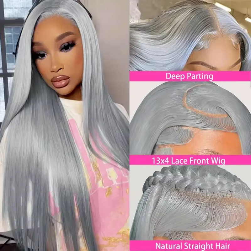Perruque de couleur gris argenté 13x6 os droit dentelle avant perruque de cheveux humains brésilien