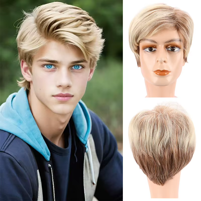 Perruque Synthétique Homme - Cheveux Courts Raides Blond Chaud avec Raie Latérale, Postiche Synthéti