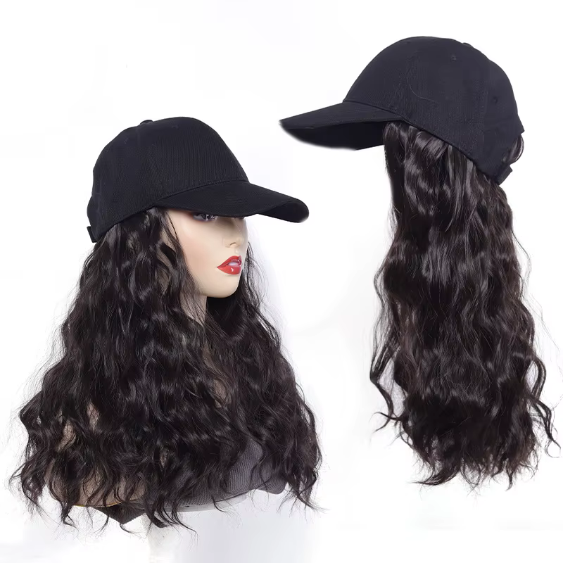 Perruque longue ondulée synthétique intégrée à une casquette de baseball, extensions de cheveux noir