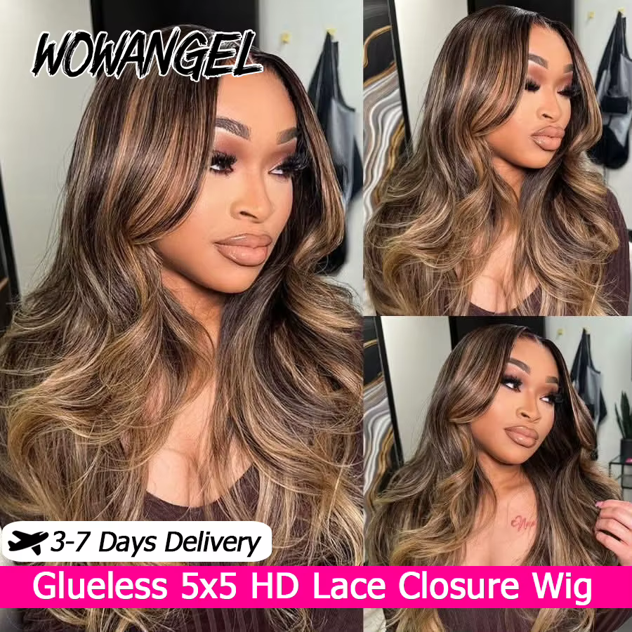 WOWANGEL Perruque Blonde Miel Balayage avec Mèches, Cheveux Humains Ondulés, Perruques Sans Colle en