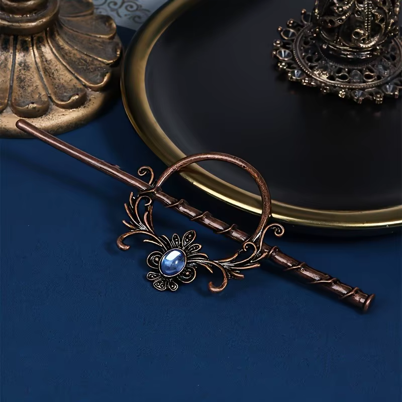 1 pièce de bâton de cheveux de style vintage : cuivre – Tonifié avec une gemme bleue et un motif flo