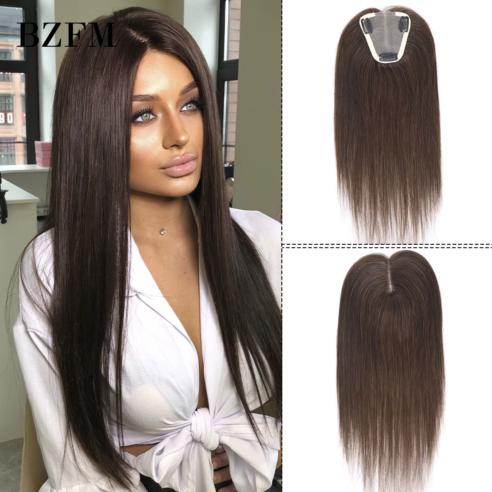 Toppers de cheveux humains européens avec clip de base en dentelle pour femmes, extension de cheveux