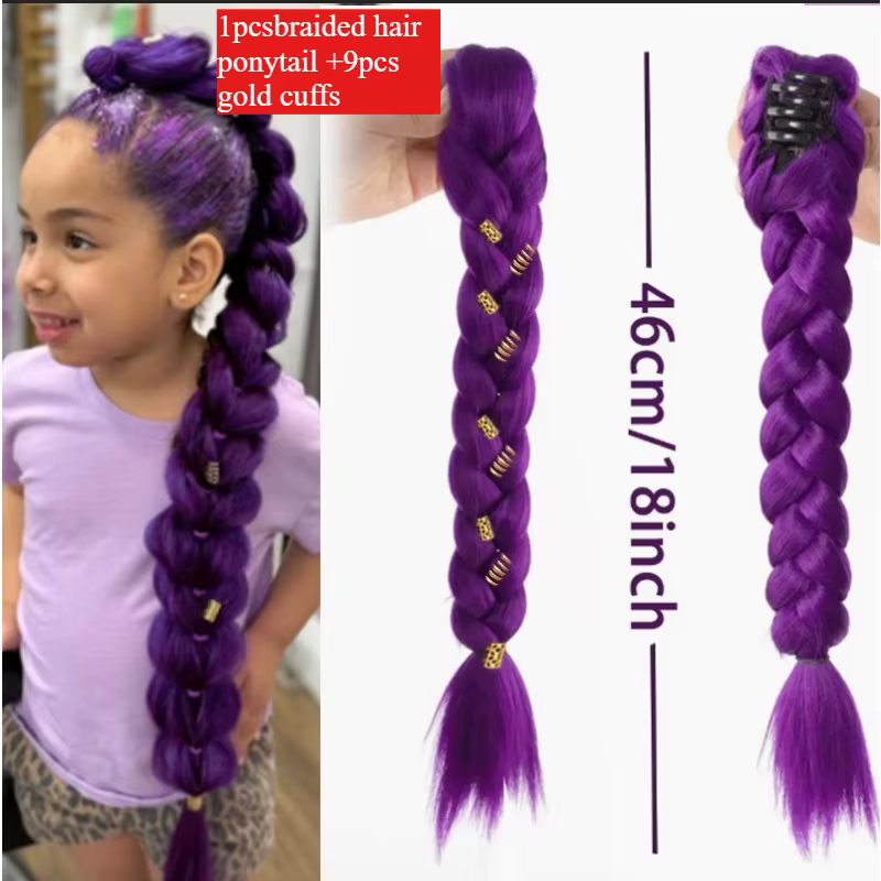 Extensions de queue de cheval tressée violette de 18 pouces avec pinces à cheveux dorées, pince crab