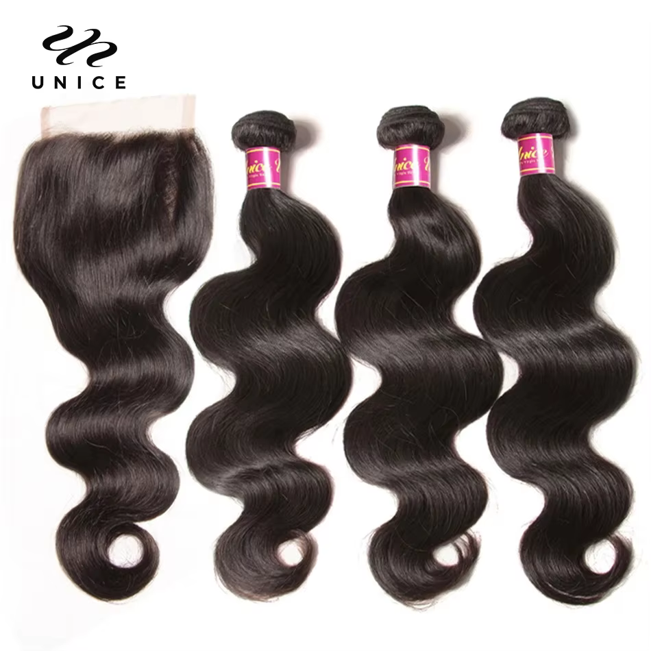 Mèches 100% naturelles Body Wave-UNice Hair, cheveux humains, avec closure, 4x4 pouces, document nat
