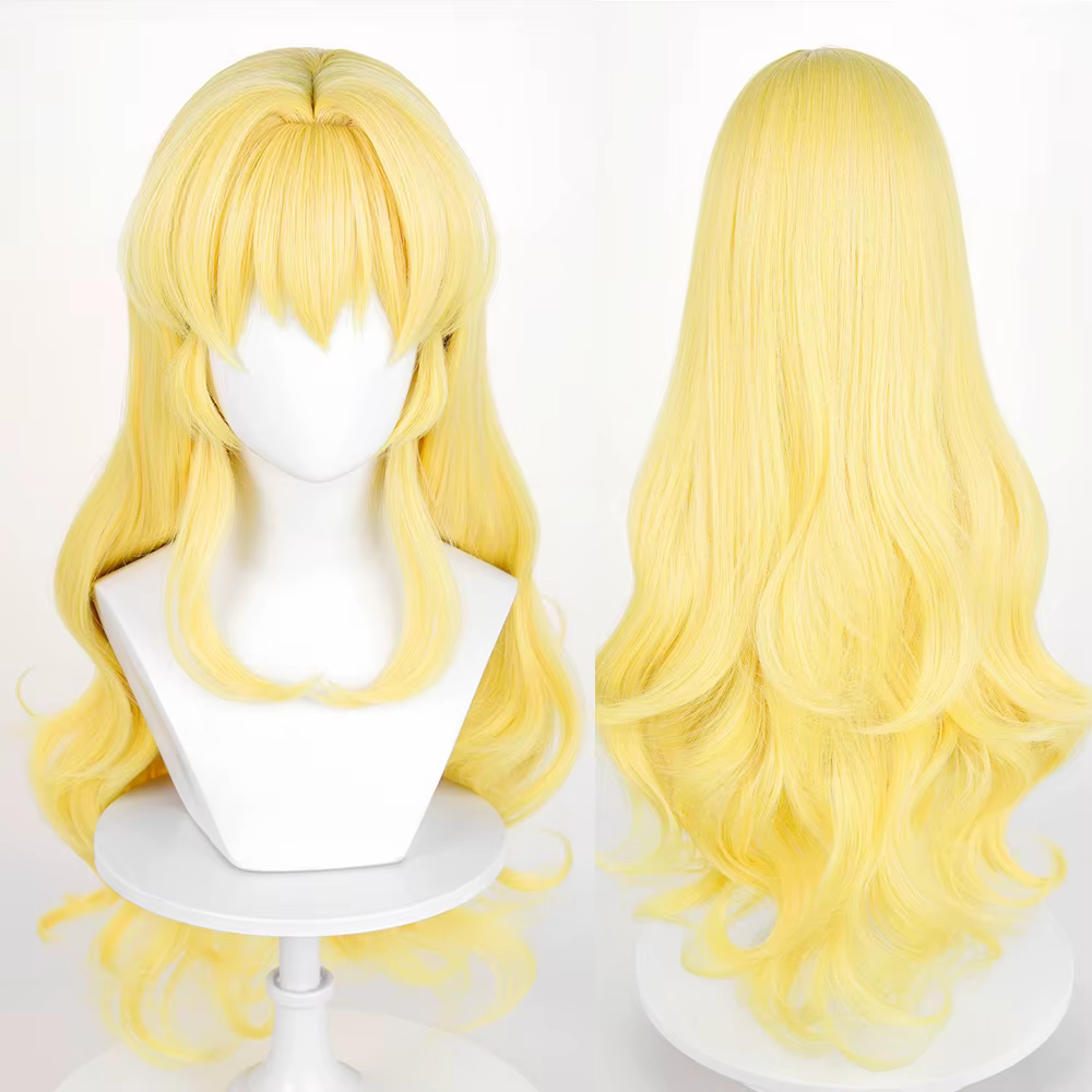 Perruques synthétiques de Cosplay de jeu d'anime jaune avec frange, perruque longue ondulée moelleus