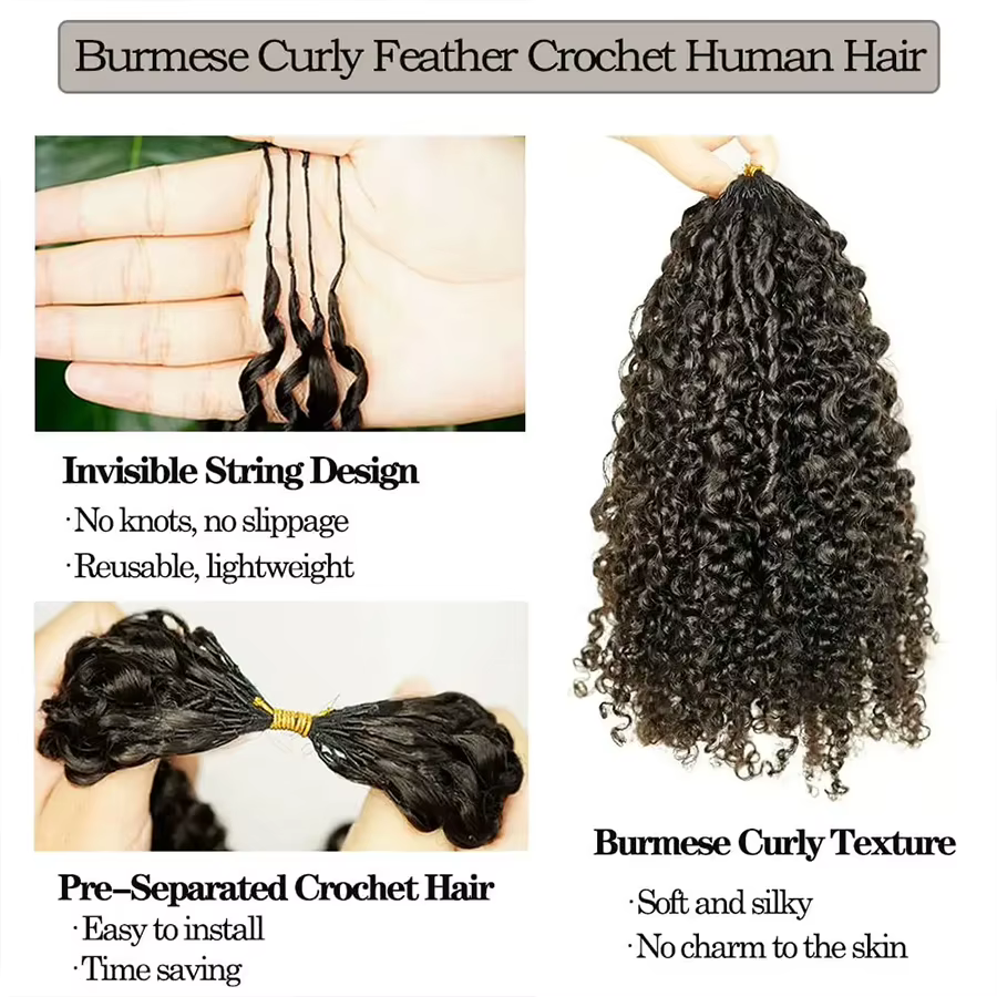 Extensions de cheveux humains bouclés birmans au crochet, sans nœuds, pré-séparées, noir naturel, te