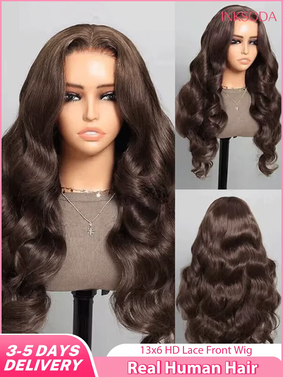 Perruque Lace Frontal Wig Body Wave brésilienne naturelle, cheveux vierges, brun chocolat, 13x4, 13x