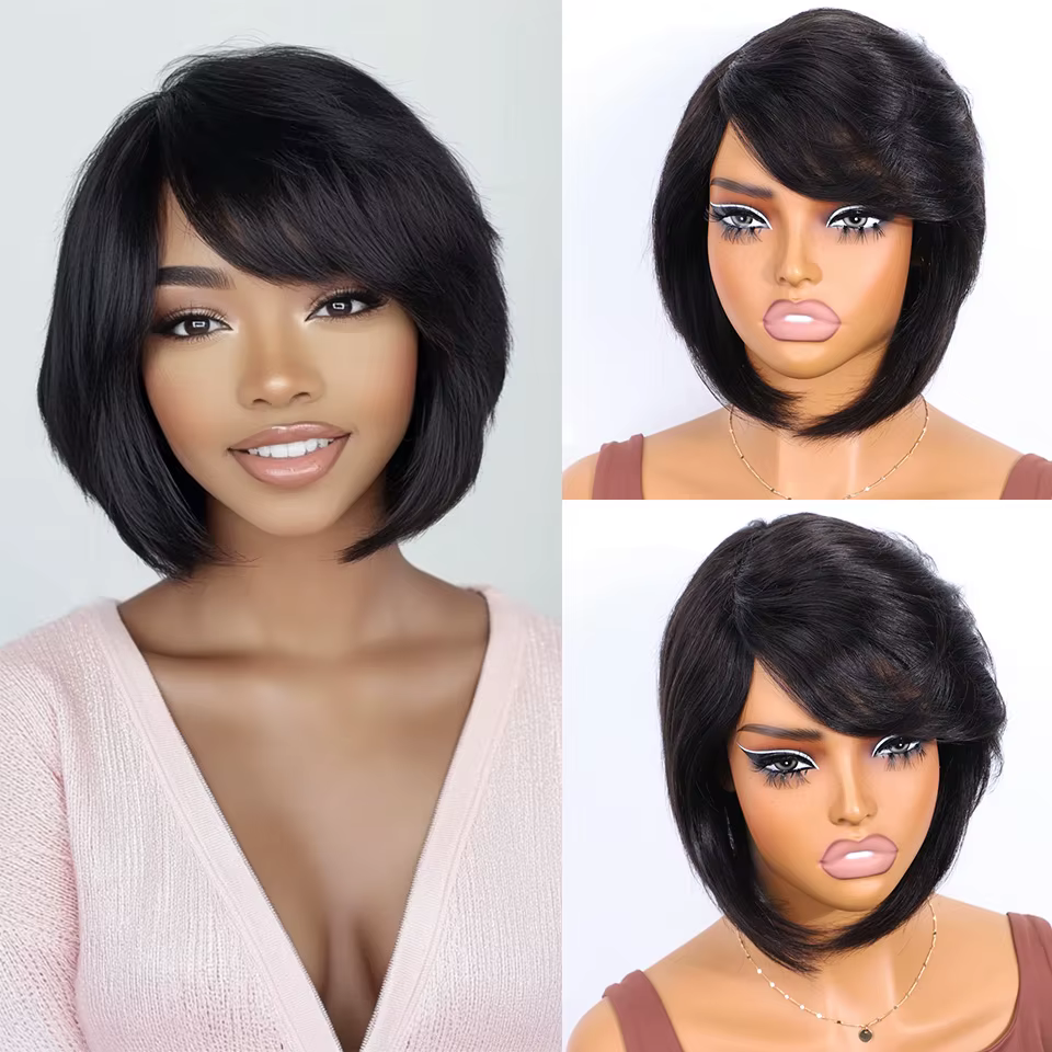 Perruque Bob courte bordeaux avec frange, perruques de cheveux humains Wear to Go Bob, perruques col