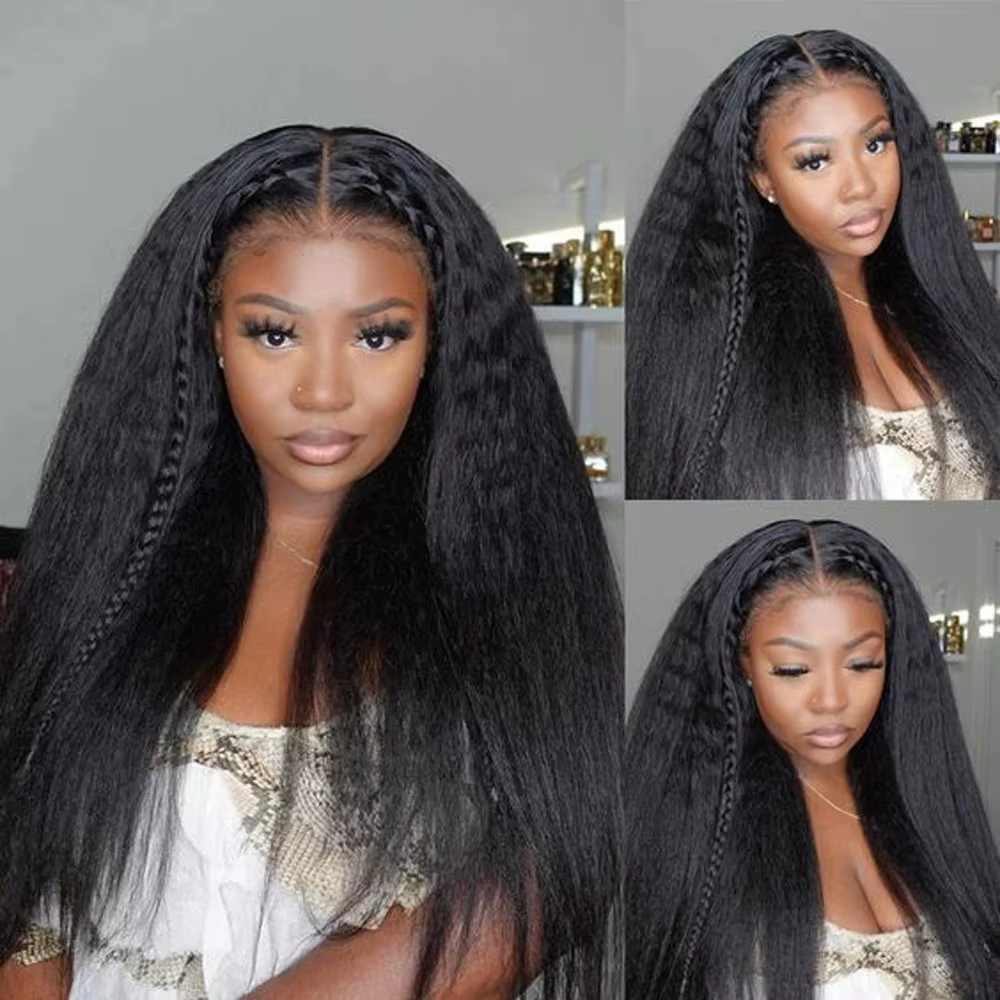 Perruque Lace Front Kinky Straight de 40-42 pouces, pré-épilée, Yaki Straight HD 13x4, avec bords 4C