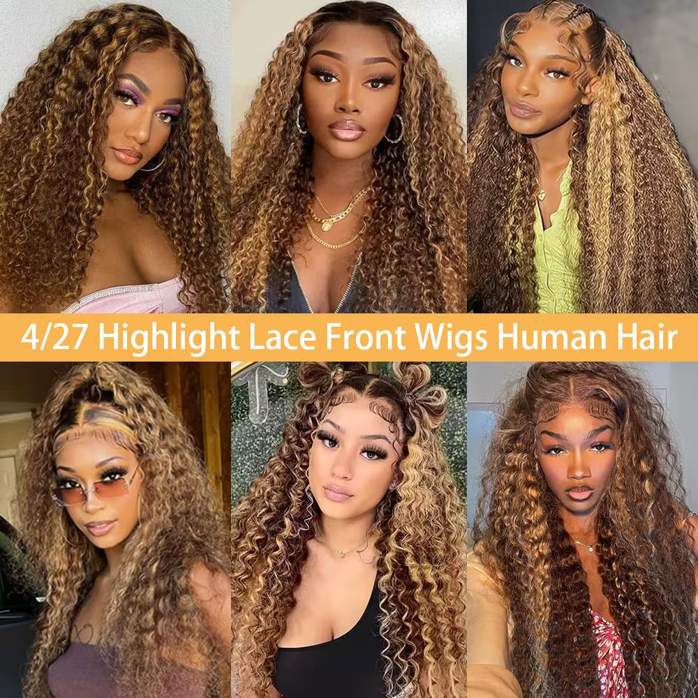 Perruques complètes en cheveux humains naturels P4/27, couleur miel, bouclées, avec dentelle frontal