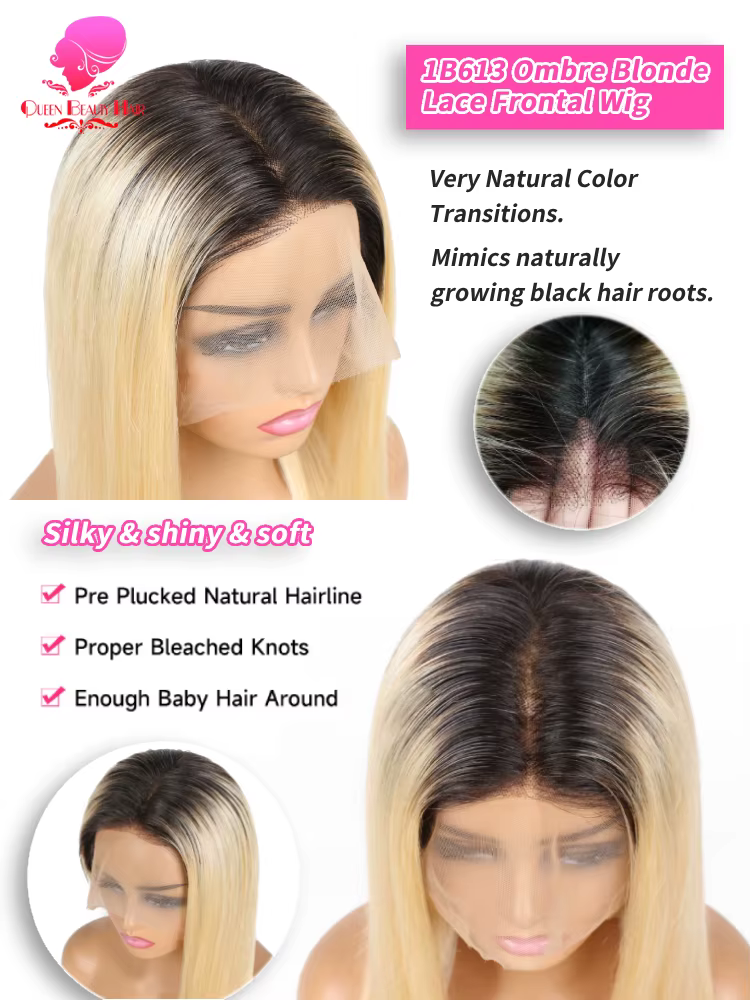 13x6 dentelle frontale perruque 1B 613 Ombre Blonde pleine dentelle perruque de cheveux humains raci