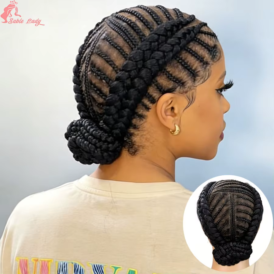 Perruque courte en dentelle complète, faite à la main, style Bantu, synthétique, tressée sans nœuds,