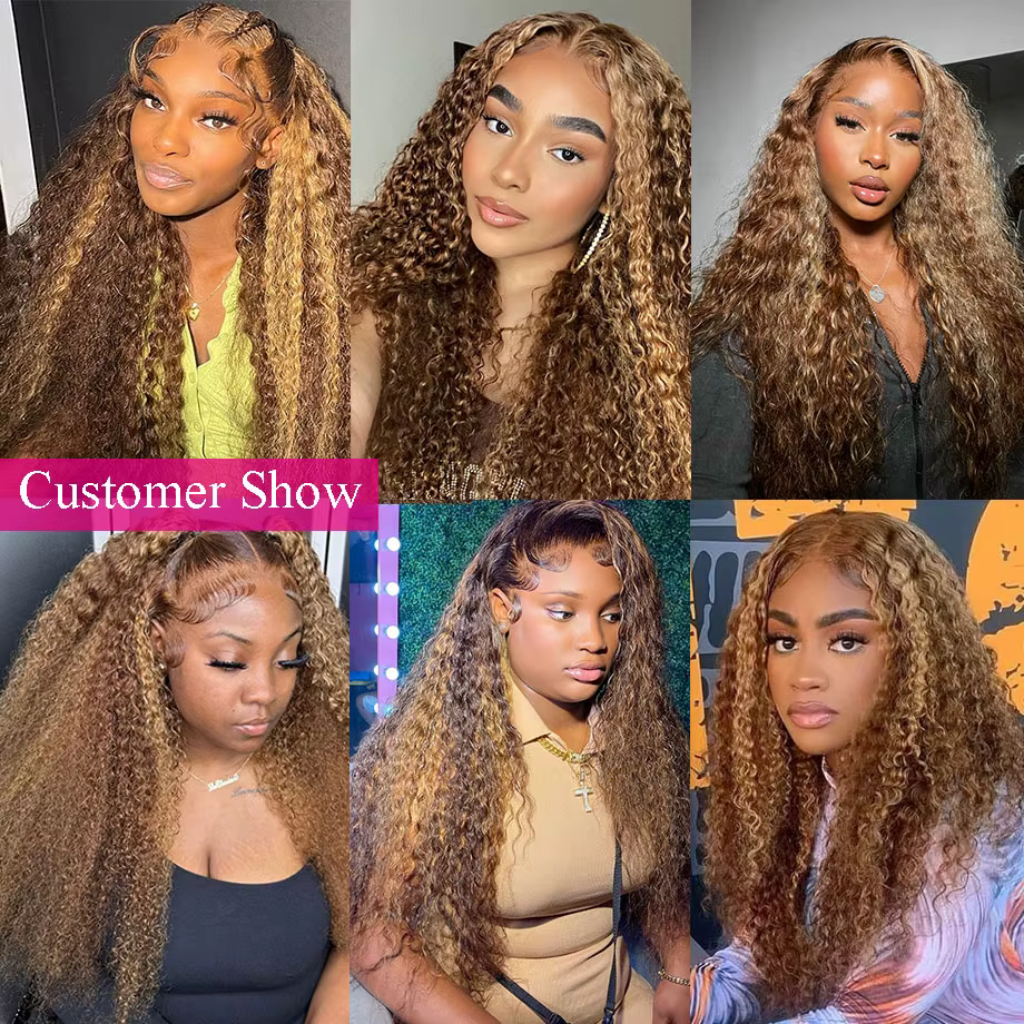 Perruque Lace Wig brésilienne bouclée ondulée, cheveux humains ombré HD, 13x6, à reflets, 13x4, pour