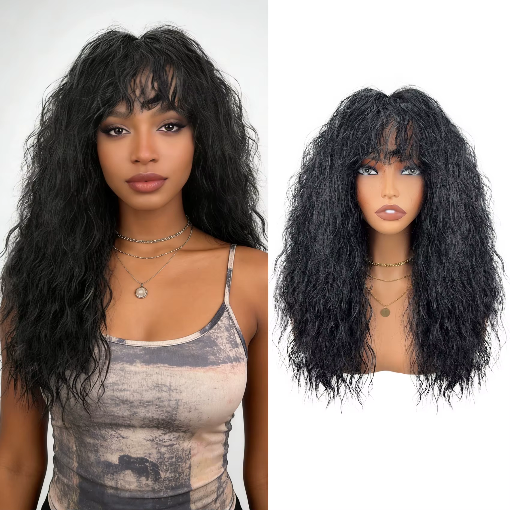 Perruque synthétique mi-longue pour femme, perruque noire bouclée, boucles volumineuses avec frange,