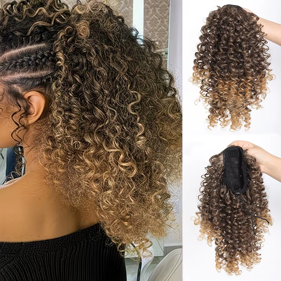 Queue de cheval courte bouclée afro pour femme, 10 pouces, avec cordon de serrage et deux pinces, ex